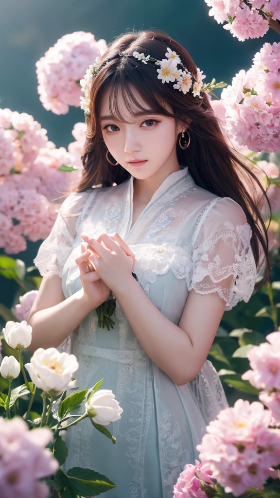 (Highly detailed CG Unity 8k wallpaper), Lighting, sea of Flowers, Flowers, One person, Upper Body, K-Pop Idols,