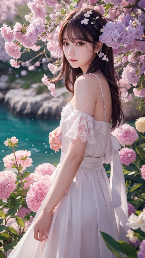 (Highly detailed CG Unity 8k wallpaper), Lighting, sea of Flowers, Flowers, One person, Upper Body, K-Pop Idols,