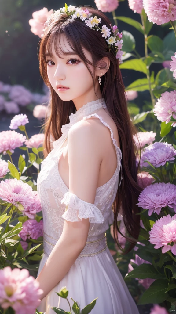 (Highly detailed CG Unity 8k wallpaper), Lighting, sea of Flowers, Flowers, One person, Upper Body, K-Pop Idols,