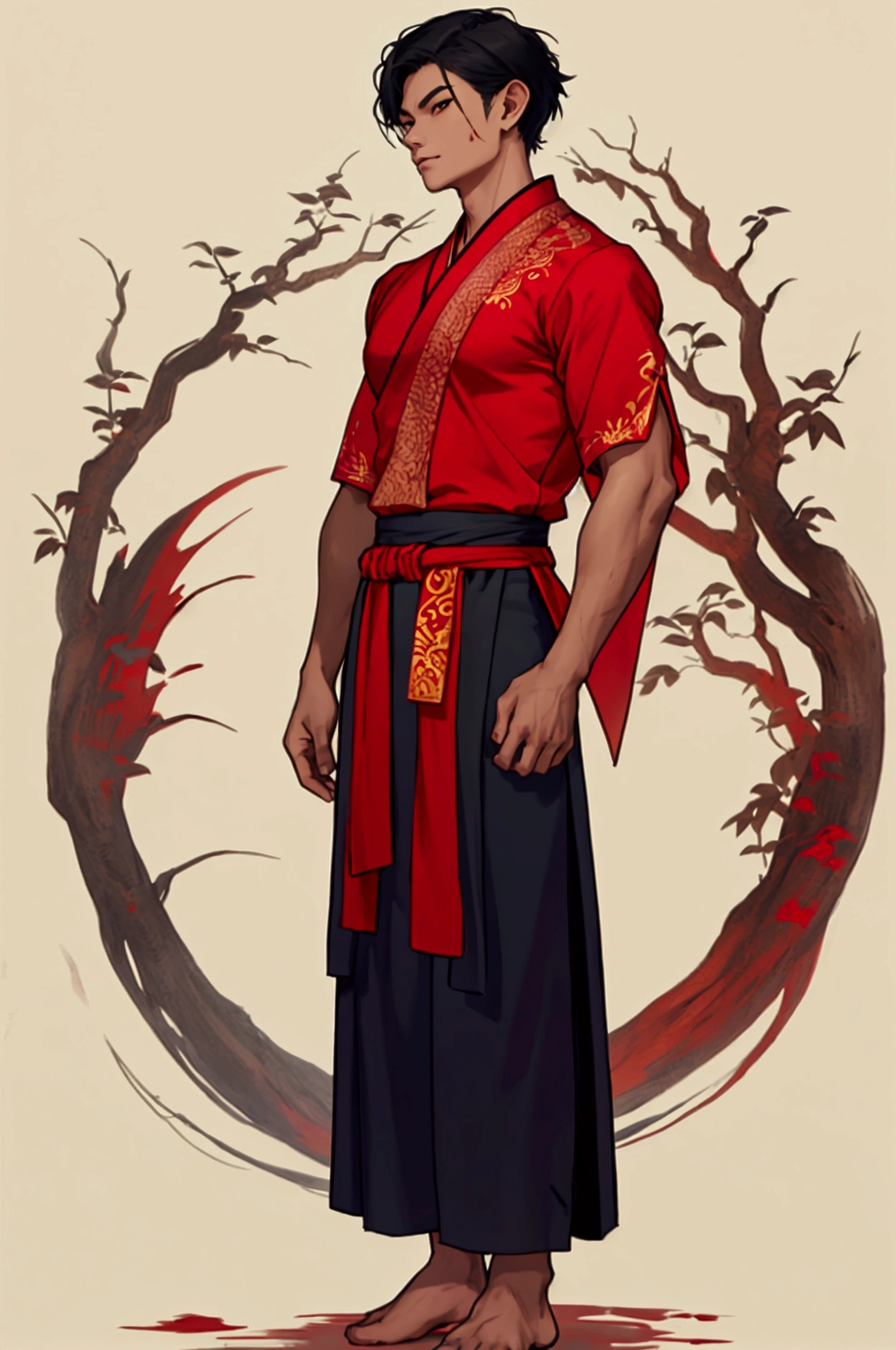 man,short hair,Thai dress, blood red Thai shirt,Blue sarong pants,Use black magic,No shoes while standing.Traditional Thai dress
