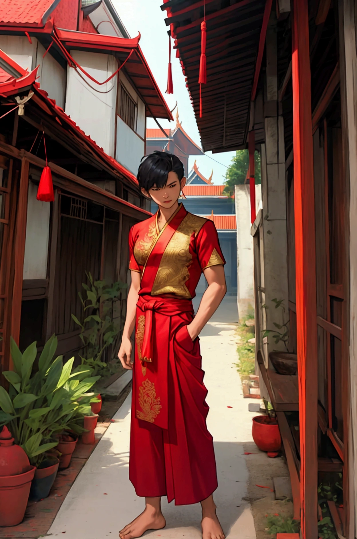 man,short hair,Thai dress, blood red Thai shirt,Blue sarong pants,Use black magic,No shoes while standing.Traditional Thai dress