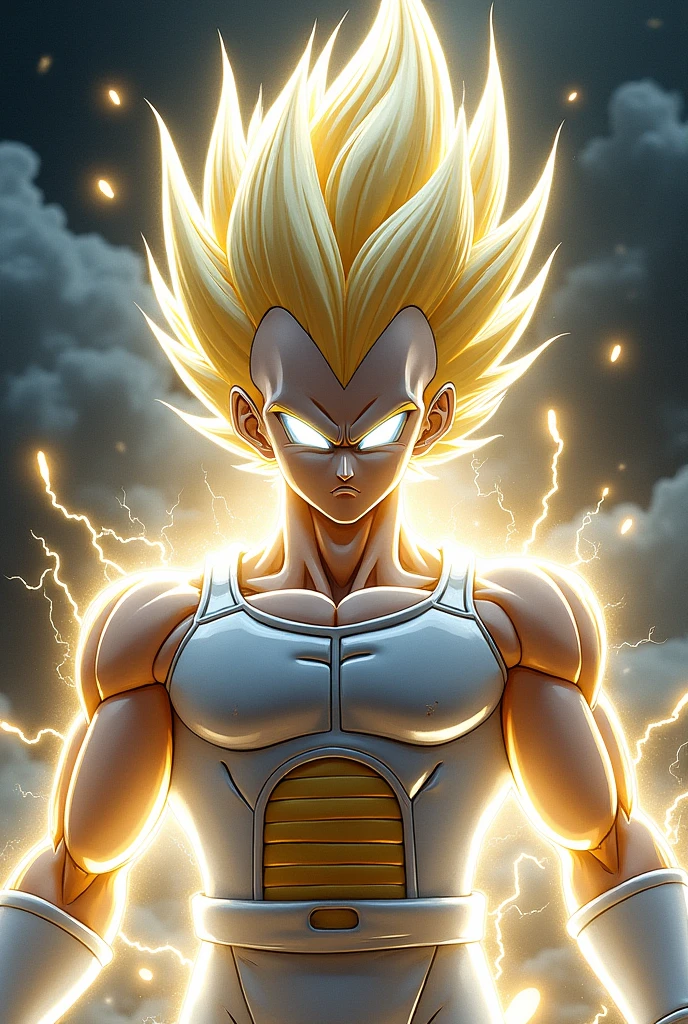 hair:
hair của Vegeta chuyển thành màu trắng ánh kim với ánh sáng phát ra từ các sợi tóc, create an extremely impressive and mysterious look.
Eye:
Vegeta's eyes turned a bright silver color., with the ability to see through all dimensions and universes.
Aura:
Vegeta's aura is metallic in color and covers his entire body., with lighting effects and burning comets all around.
skin:
Vegeta's skin becomes glowing and has a pale silver glow., reflects the cosmic power of this state.