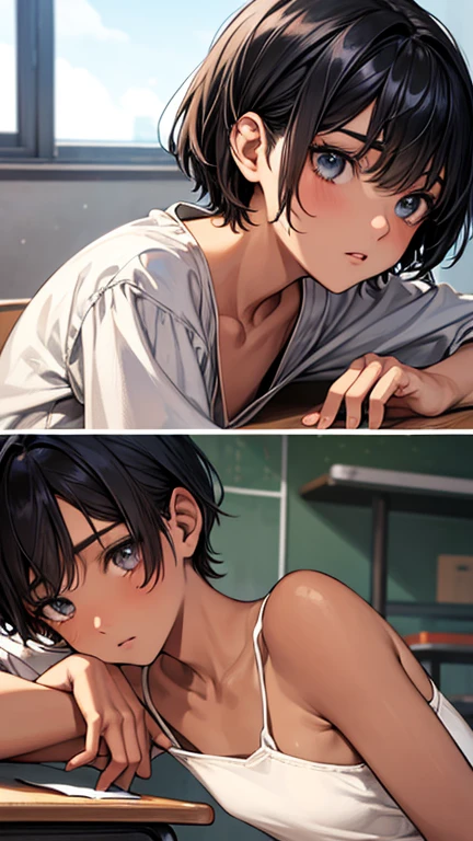 Highest quality、Realistic、、zoom、juvenile、look up、cute、Light grey eyes、Black Hair、short hair、Tanned brown skin、Dark Skin、Light blue briefs、Flat Chest、Bust Shot、Low - Angle、thin、classroom