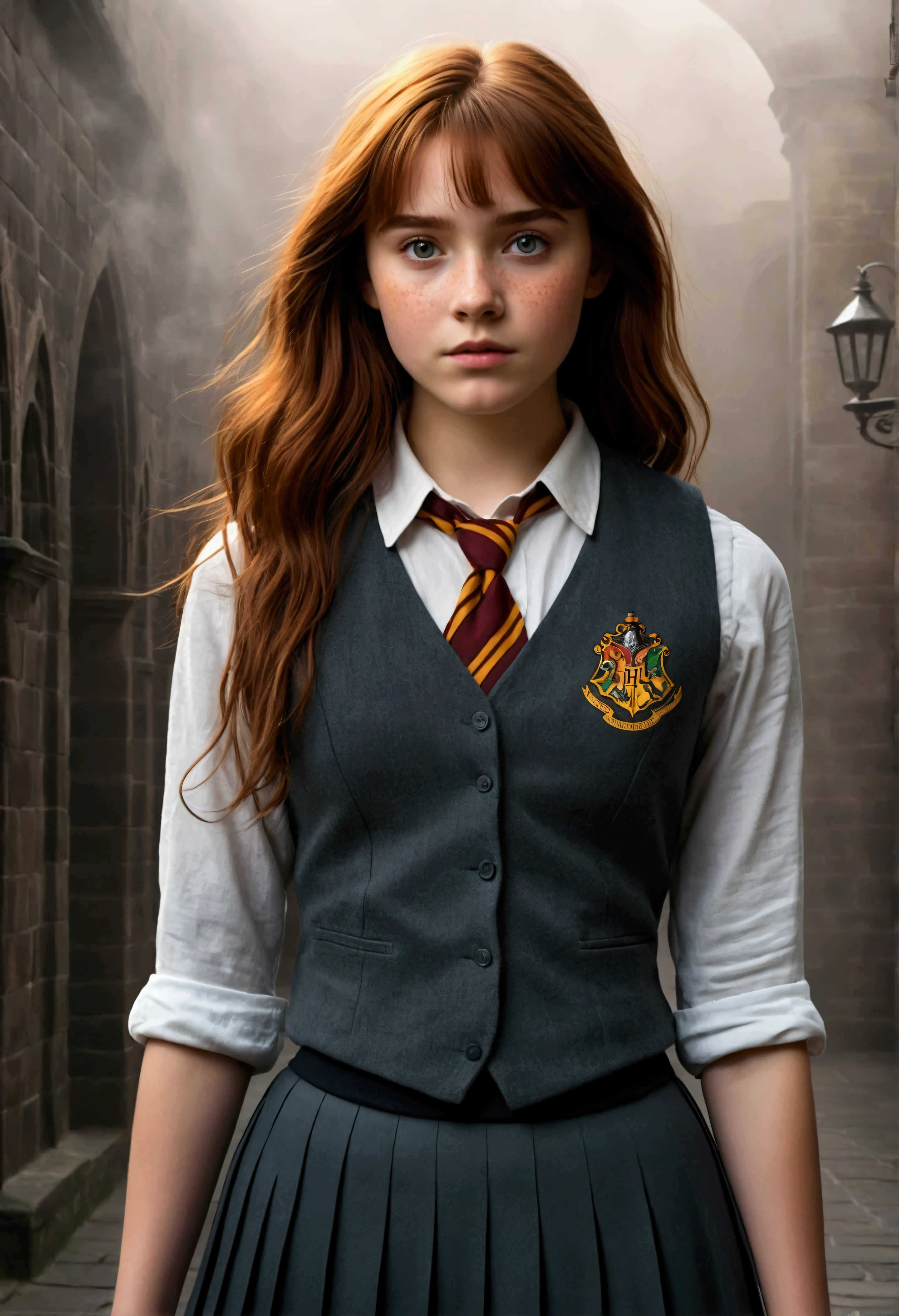 An illustrated movie poster, hand-drawn, full color, a age Hogwarts student, 18-years-old, female, wearing a charcoal vest and a pleated skirt, athletic hourglass figure, full wide hips, massive round butt, long shapely legs, ridiculously thick powerful thighs, vibrant eyes, deep dark auburn hair, thick shaggy bangs, flushed sun-kissed complexion, freckles, standing in a foggy Hogwarts courtyard, surrounded by mist, graphite shading, stencil marks, airbrushed acrylic paint, masterpiece, close-up shot, in the style of the Deathly Hallows