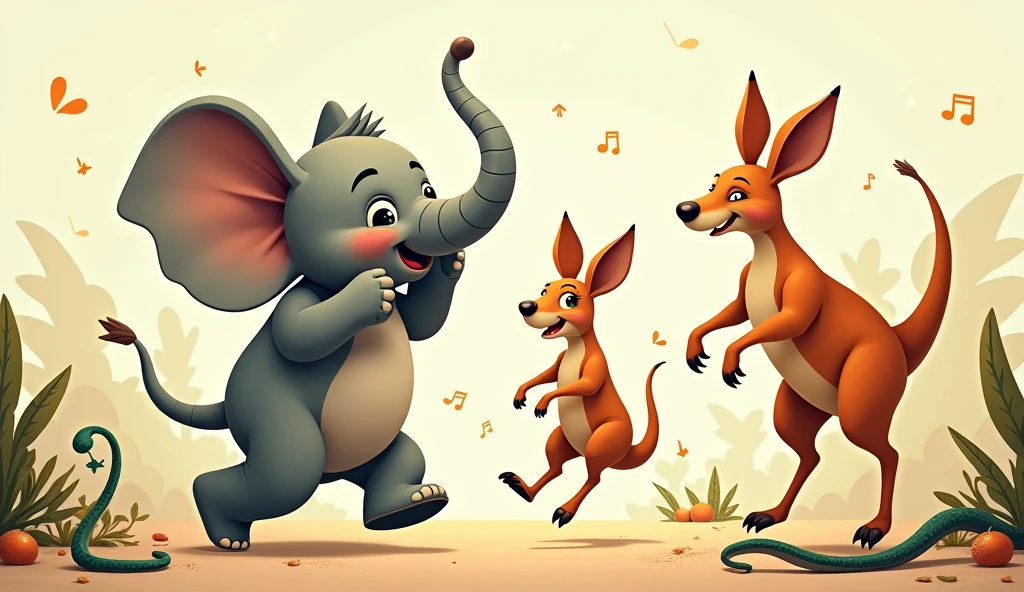 *Verse 2:*
(Clap to the beat)
The elephant swings his trunk side to side,
The kangaroo jumps with a bounce so wide!
The snake slithers round with a hissing sound,
Let’s move like the animals, all around!