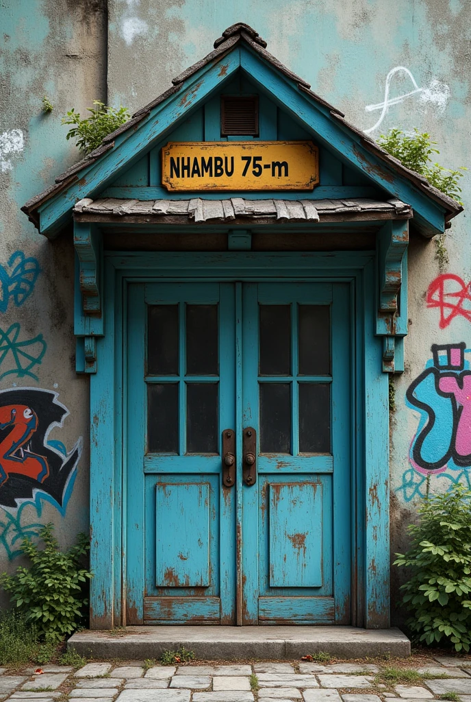 Old blue public building, of just one pavilion, surrounded by a graffitied wall, with a sign saying 'NHAMBU 75-M'.