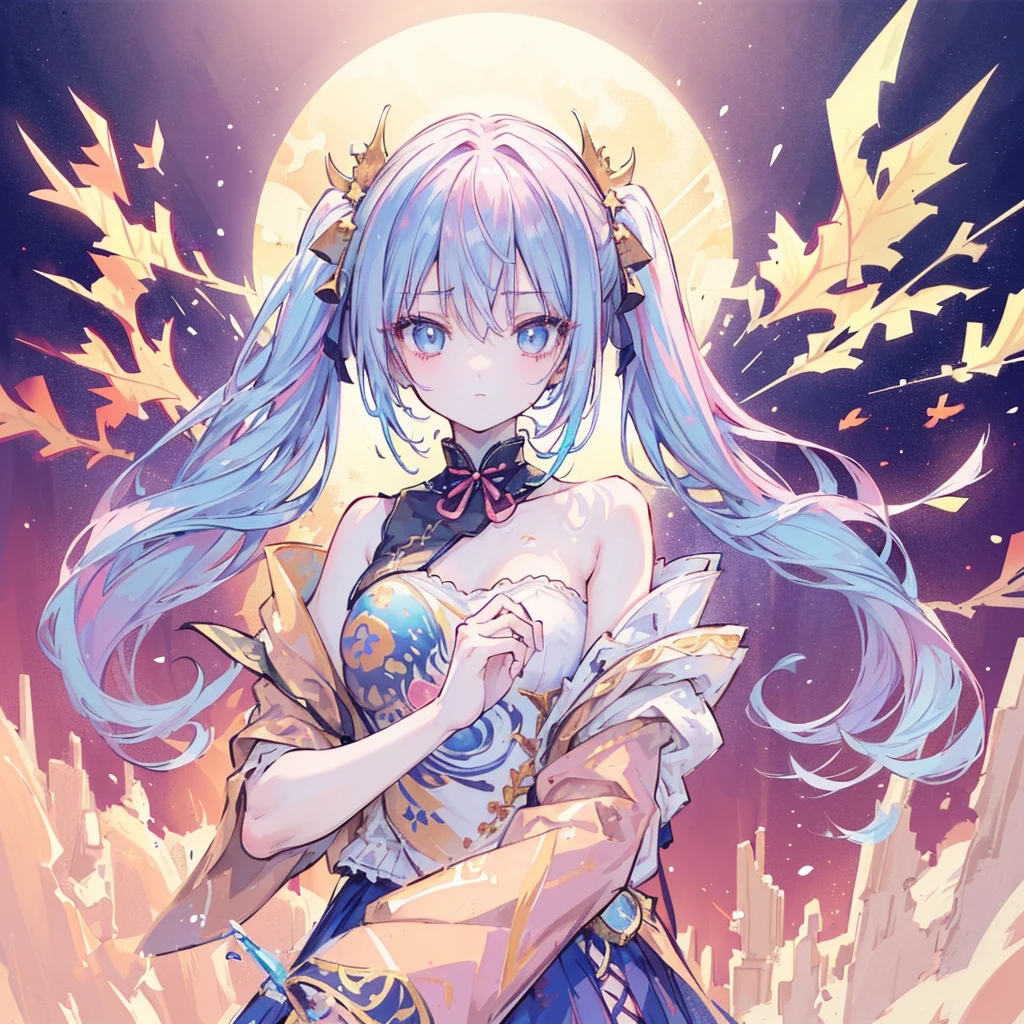 (masterpiece), (best quality), (Very detailed), (Dirty hair), (illustration), (1 girl) (Long pink hair 1.5) (blue eyes) (Twintails 2.0), ((((No shoulder))),Hanfu, (Looking at the audience, (interview), (Simple background), Beautiful and delicate eyes, Delicate and beautiful face, spiked (High Saturation), (Colorful flash), Colorful bubbles, (flash), Facial highlights, PerfectNwsjMajic, Conservative clothing, No shoulder, Autumn clothing, For the masses, Perfect body,