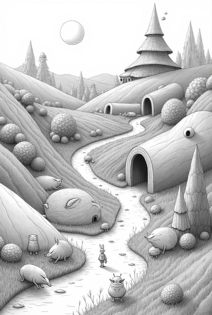 A farm as if it were a non-realistic pencil drawing