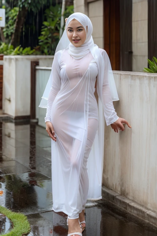 Young beautiful sweet sundanese Bogor city girl, twenty five years old, slim body, georgeus face, no underwear, wearing wet white thin hijab, all her hairs and ears covered under her hijab, wearing very wet white thin strict see through very transparent Indonesian gamis, no underwears, no panty, no bra, standing lean to the wall, all her body are wet, shivering very limp as being having sex in the hard rain on the Bogor city street side walk, rain drops visible, waters flowing down through all the thing, dense hairy very wet vagina exposed visible through her gamis, enjoying being having sex orgasm redish face, open wide mouth, head being limp backwards, being take a deep breath hardly through her mouth, half closed eyes, her eyes turn upwards, realistic normal fingers, wearing wet glasses, wearing expencive high heels, carrying a expencive hand bag,