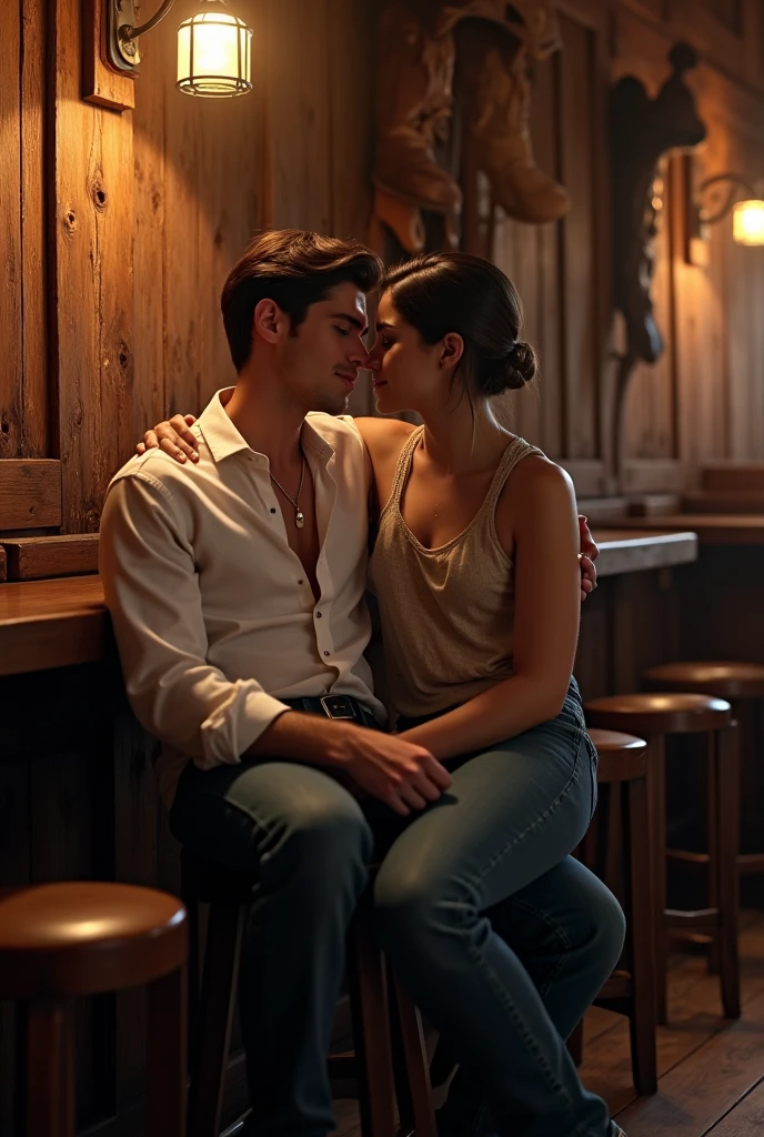 A cute young handsome gay man sitting on his millionaire boyfriend's knee kissing in a cowboy bar