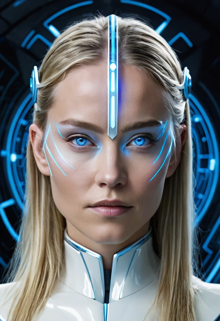 Elisabeth Olsen as the android White Vision with blue mind stone set in her forehead