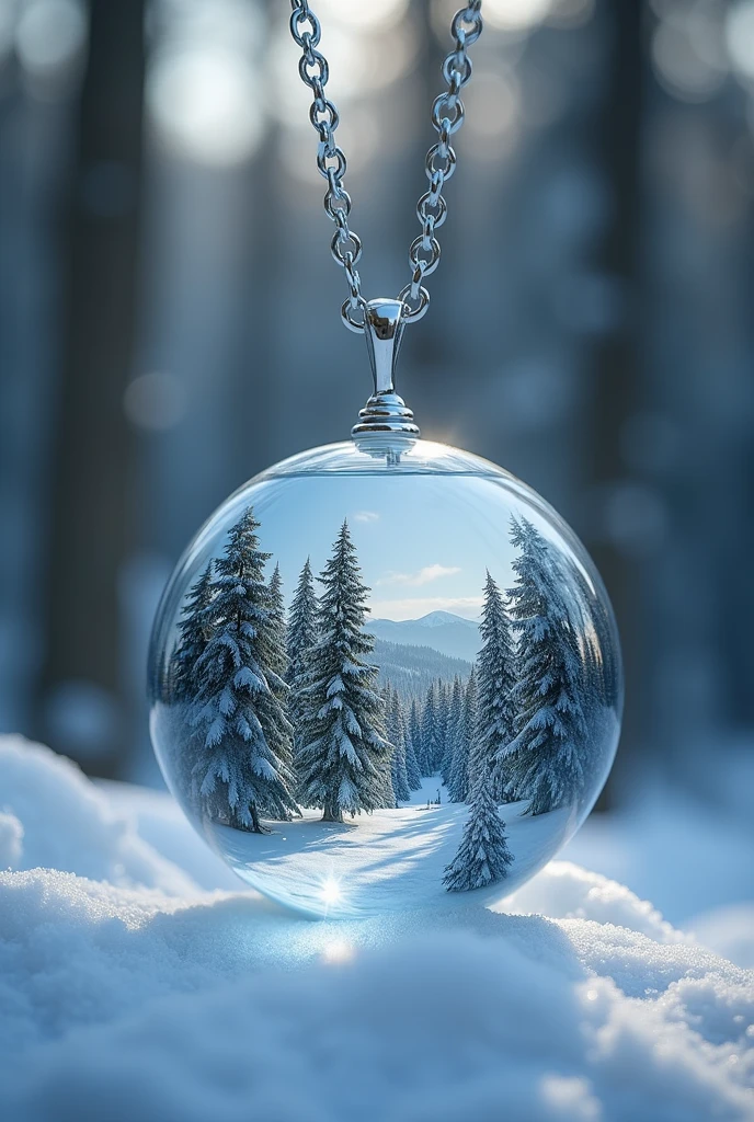 draw a necklace alone, Shape of the sphere, silver metal chain, crystalline, with a snowy forest inside
