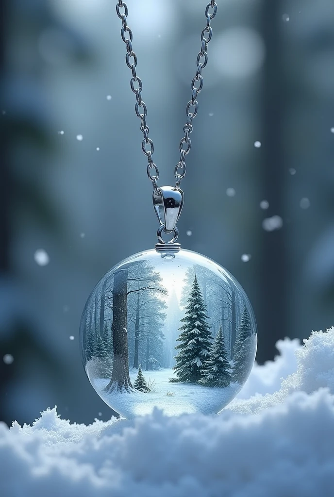 draw a necklace alone, Shape of the sphere, silver metal chain, crystalline, with a snowy forest inside