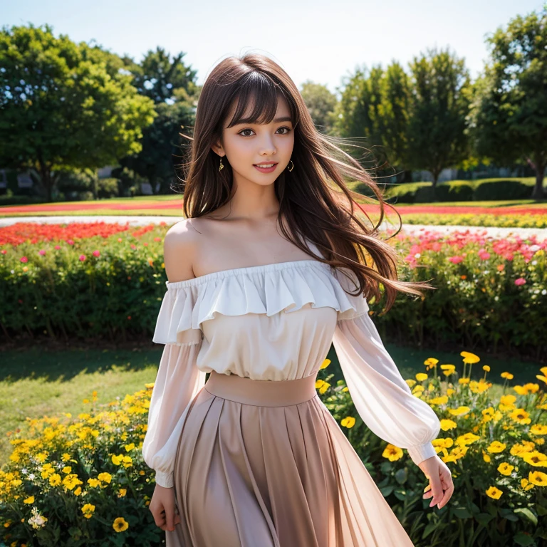 long skirt,in the flower field,Wear a dress,rotate,1 female, On the face, laughing out loud, light brown hair, blunt bangs, hair behind ears, Shoulder-length hair, long hair, Slender body type, 超face slimming型, face slimming, delicate lips, beautiful eyes, Thin blush, Eyes are light brown,View here, (actual:1.3), One person's perspective, 8k, Super detailed, high quality, best quality, High resolution, ,Large Breasts,wear a H cup, 2,Off-shoulder tops,puffy skirt