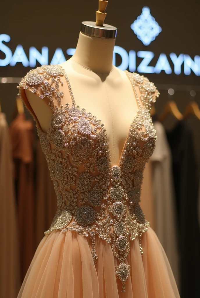 Beautiful beige evening dress studded with rhinestones and beads displayed in Sanat Dizayn clothing store, written on the wall the name of the stores Sanat Dizayn looking at the viewer, viewing the name,