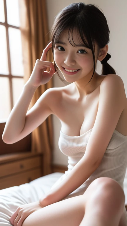 Highest quality, Realistic, In detail, High resolution, 8k wallpaper, Perfect dynamic composition, Beautiful details, Random sexy poses,bedroom、Laughter、(Droopy Eyes 1.3)、Japanese、naked、Highest quality、Complete limbs、Full Finger、Slender beauty、Straight hair、Twin tails、Knee-length、A faint smile、