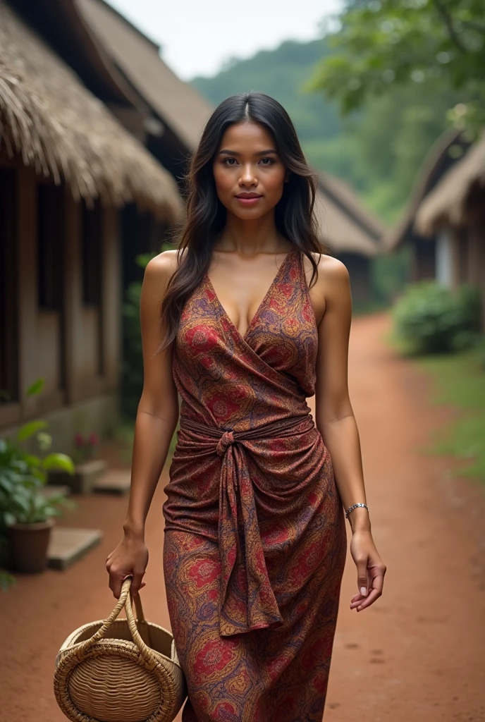 portrait of  beautiful 35-years-old indonesian woman, a bit chubby, huge breasted, wearing a batik sarong tubedress, holding basket that made from bamboo between her waist and her arm, walking on the land mud, with a background of traditional ancient javanese house village, super HD, 8K, hper realistic, cinematic,