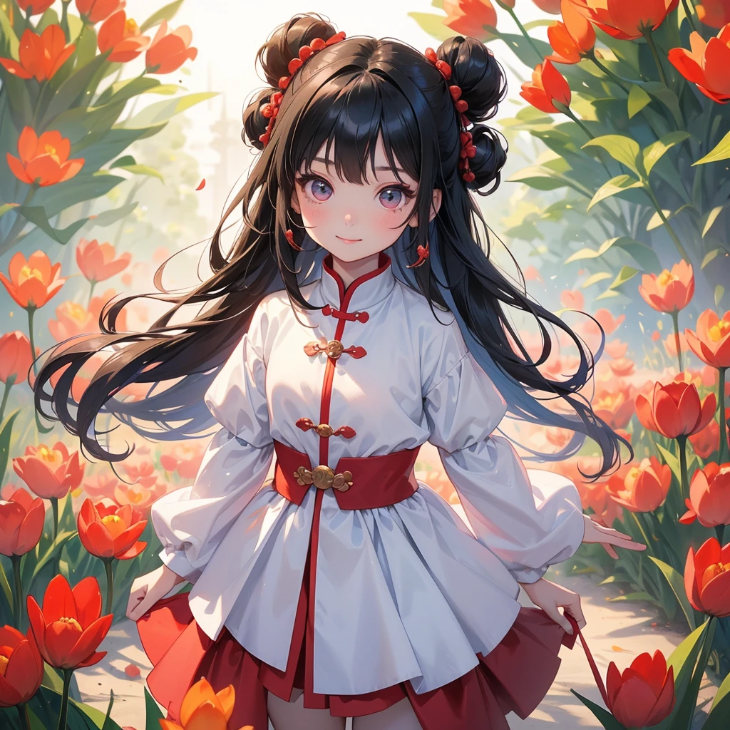 A chibi child girl had a small face and Wearing white little Taoist priest's outfit. A pair of big round eyes shone with curiosity about him. This child was so cute, Standing in the middle of Red tulip field.
her hair is black with two buns on her hair.small chibi, chibi baby, smiling ,Chibi.