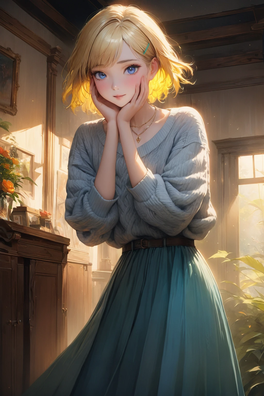 (masterpiece),(top-quality:1.2),1girl in,(masuter piece:1.3),exquisitedetails, Highest quality 8K resolution, Ultra-detailed, Realistic, Vibrant colors, Soft tones, With warm and gentle lighting, A woman standing in a room wearing a skirt and sweater, designed for cozy aesthetics, wide skirt, Styling, With short hair, simple style, Beige, 2 0, Dynamic!!, Cute:2, F / 2 0, Roots and hay coat, lookbook, Vivid), 9, jimin, ( Side ) profile (Smooth straight blonde hair:1.2),(Hair parted in the middle:1.3),(Glowing hair),(Dark blue eyes:1.3),(Hands close to the face:1.4),White skin, hair clips,Small necklace,A gentle feeling overflows,The sun's rays illuminate joy and pure love, Warm golden glow,The atmosphere is full of happiness and laughter, As if celebrating love,Ultra-detailed depiction and vivid colors,A style that combines romanticism and realism,depth of love,color palettes,Create an ethereal atmosphere like a dream,Lighting is soft and diffused,masterpiece artwork