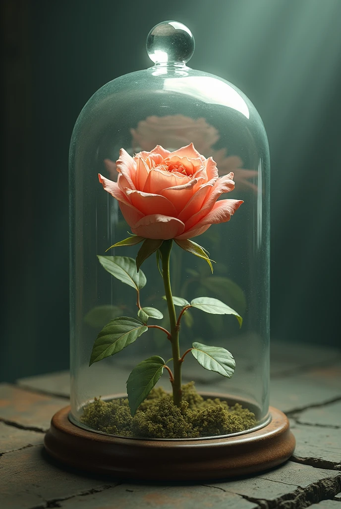 Faded rose under bell jar with a ray of light next to it