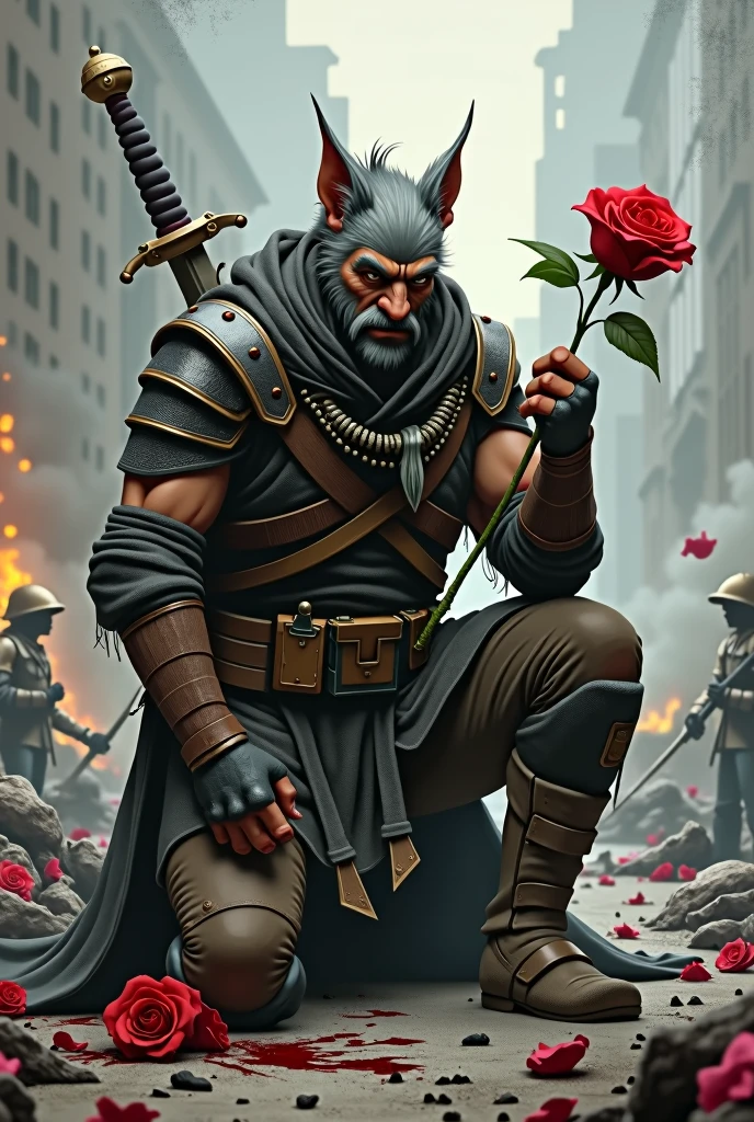 The character in tom and jerry tom on his one knee down position and rose in his bleeding
hand wearing cool outfit back ground looks like a battle feild tom should be mature and sword in his other hand hiding behind his back and picture should be 1:1