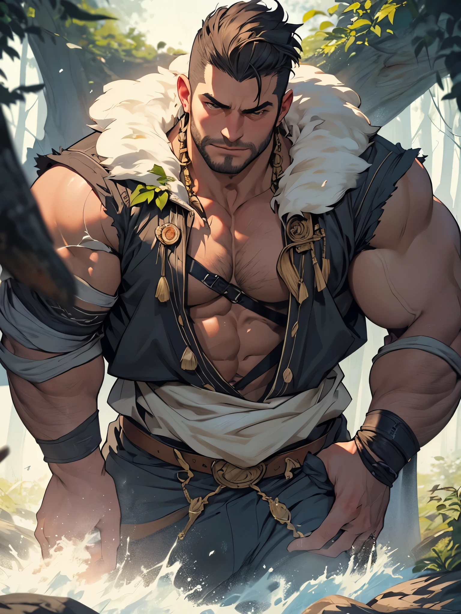 Kraven the Hunter, reimagined as a towering muscular giant, showcases his immense strength by flexing his massive bulging biceps. His muscled torso glistens with sweat, and his intense gaze challenges any onlooker. He wears a hunter's loincloth, left waistline adorned with a worn leather belt and an intricately designed pouch. His arms, thick with veins, stretch up towards the sky, emphasizing his impressive biceps. As a nod to his signature look, he dons a leopard-skin cape, adding to the aura of raw power surrounding him.