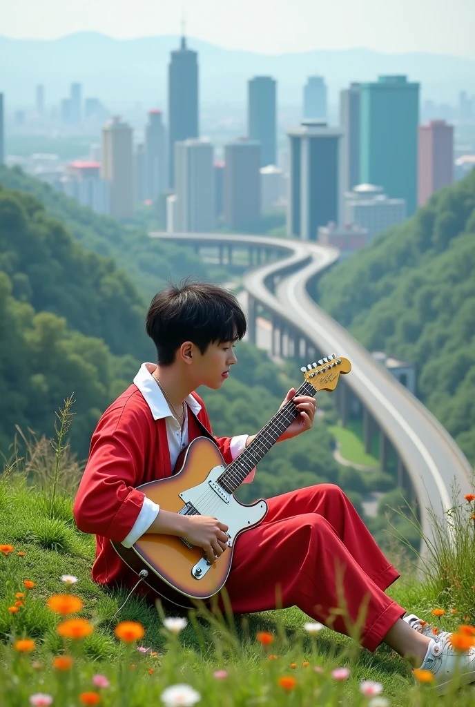 A 21 old  man singing a pop song playing guitar, seating on heights place looking under the city, green hill, highway , the small flowers around the boy, (boy upper were color is red and bottom were is white),( highly detailed),(vivid) realistic image 4k  HDR