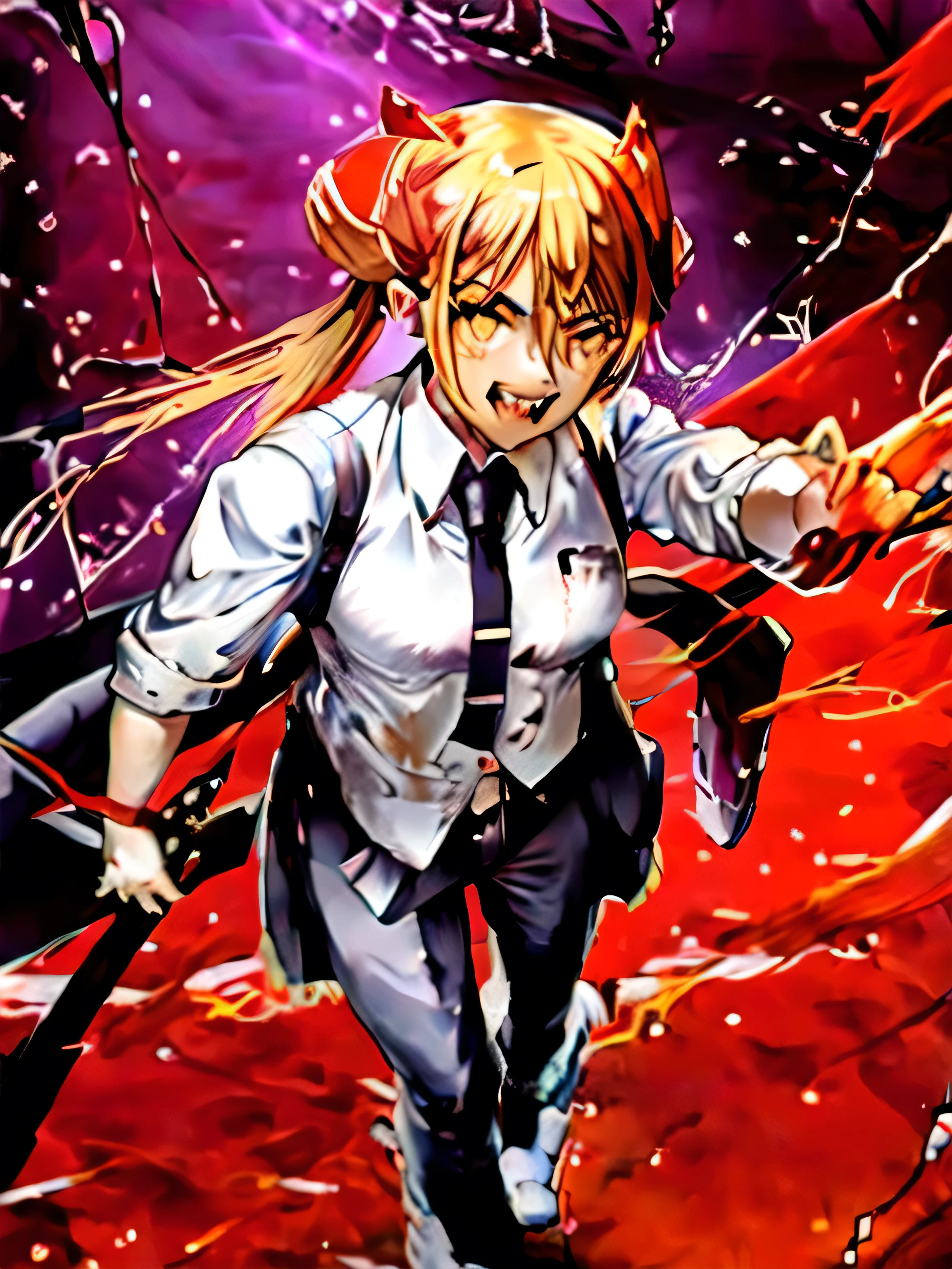 1girl, blonde_hair, blood, blood_from_mouth, blood_on_clothes, blood_on_face, blood_on_hands, blood_on_weapon, blood_splatter, blood_stain, breasts, chainsaw, demon_girl, demon_horns, fangs, guro, horns, jacket, long_hair, looking_at_viewer, necktie, open_mouth, outstretched_arm, power_\(chainsaw_man\), red_background, red_horns, red_moon, red_sky, sharp_teeth, shirt, shoes, sneakers, solo, teeth, weapon, white_shirt