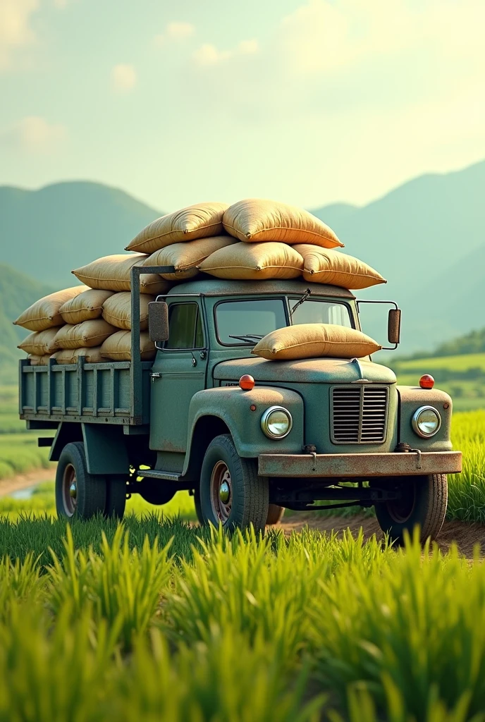 pick up vehicle, load of rice. high resolution. 8k graphics