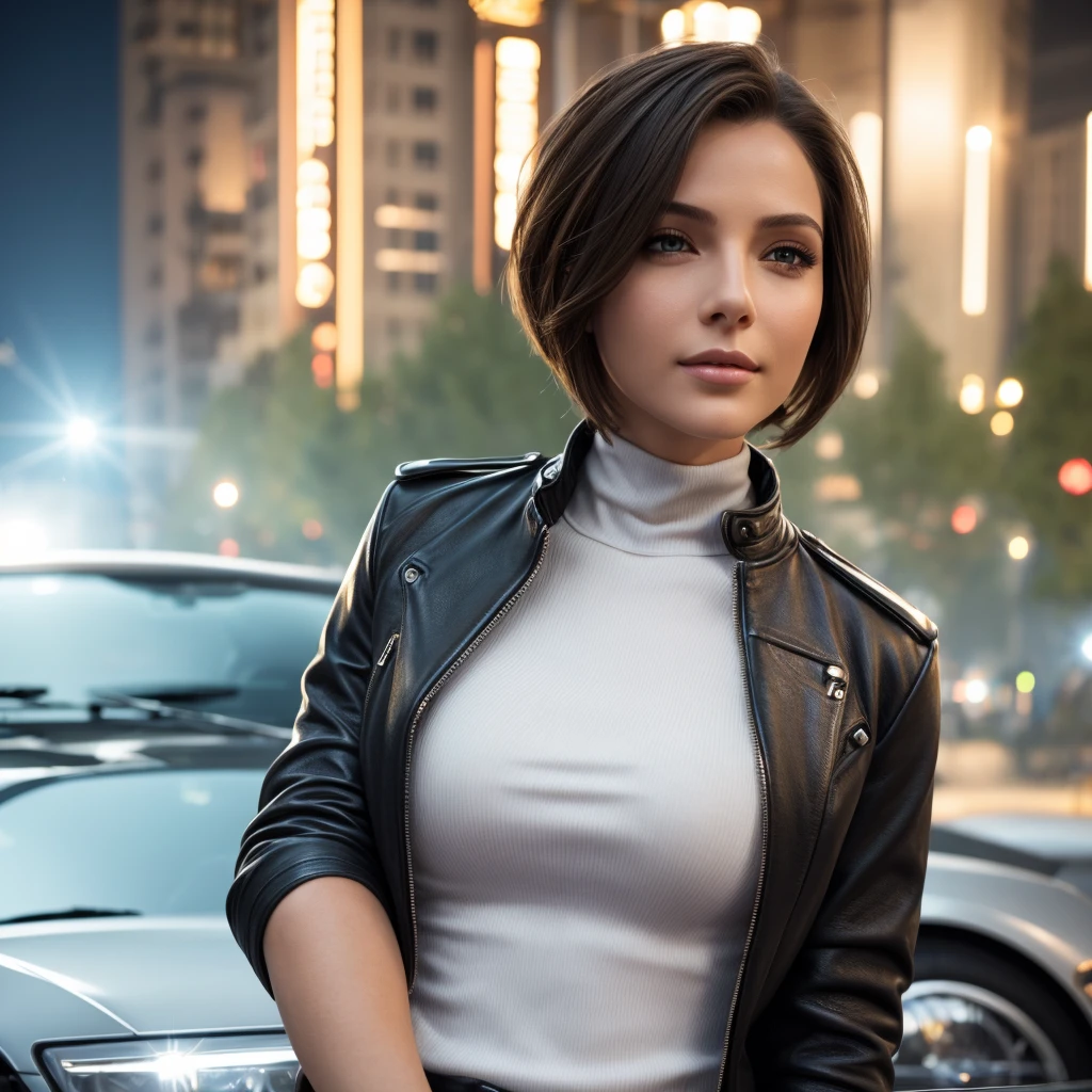 a beautiful young woman, 1girl, beautiful detailed eyes, beautiful detailed lips, extremely detailed face and eyes, long eyelashes, short hair, lady bikers, turtle neck t-shirt, leather jacket, outdoor date setting, soft lighting, warm colors, photorealistic, 8k, cinematic, intricate clothing textures, elegant posing, warm smile, romantic atmosphere, large bust, alluring eyes, full lips