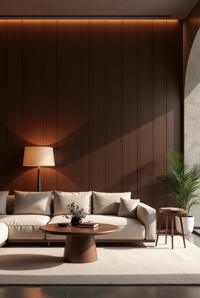 A room with black wooden walls and high-quality furniture arranged horizontally