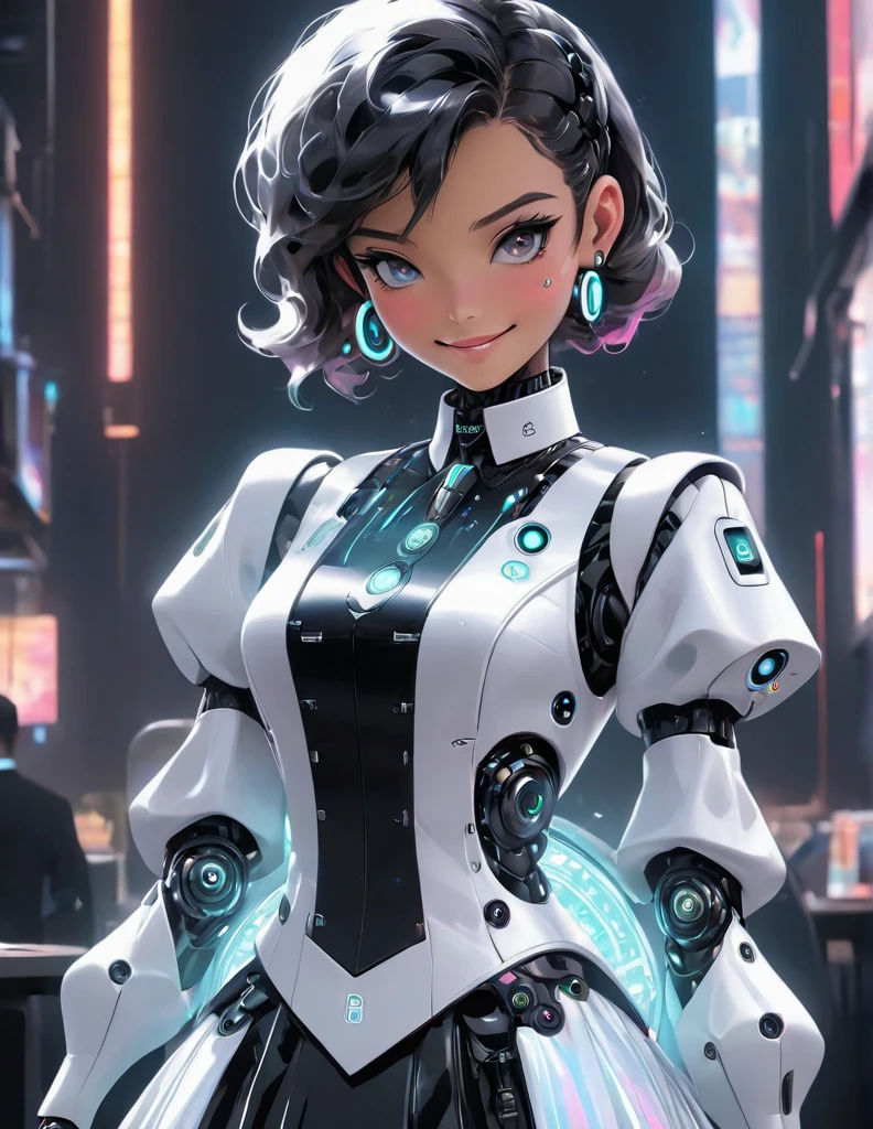 (The robot butler is mopping the floor happily),The head is equipped with a high-definition analog face display,Warm and friendly smile,Wearing a holographic white butler uniform skirt suit,Future character design,sci-fy,Black technology,3D ,cyber punk personage,