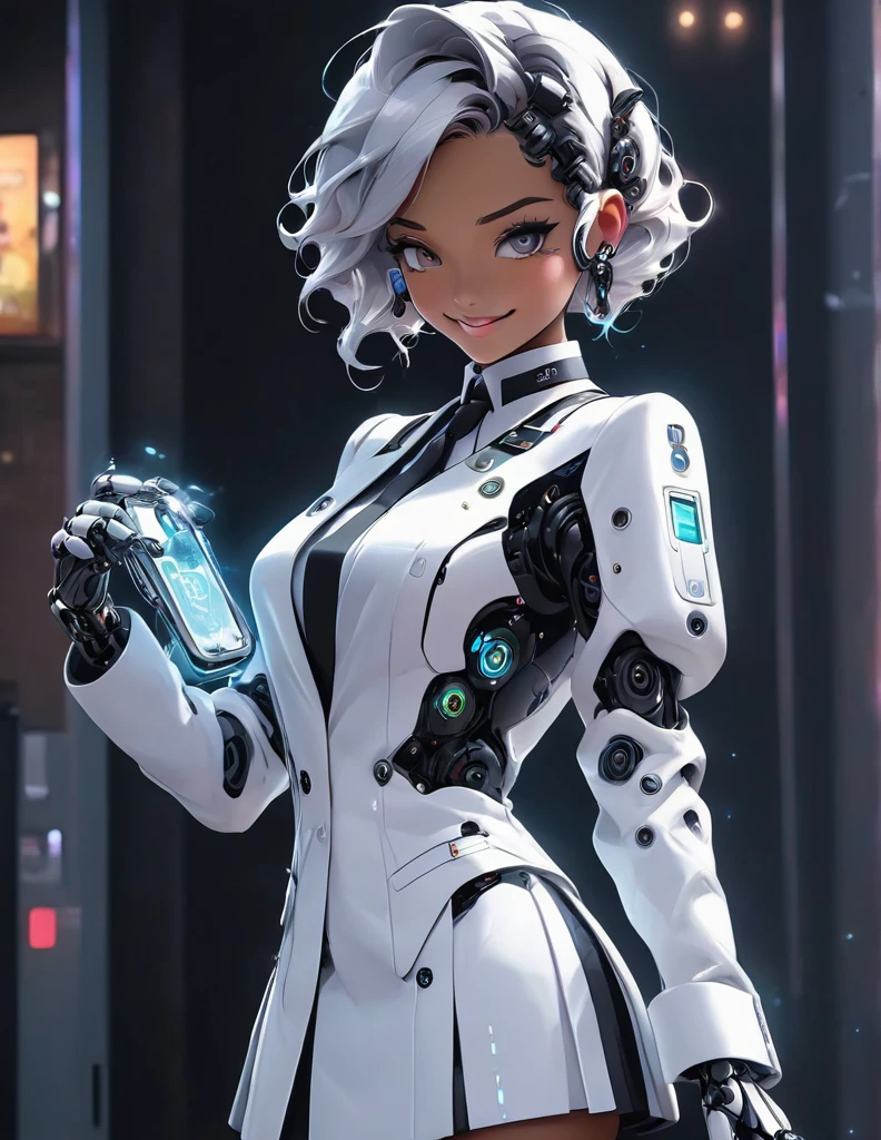 (The robot butler is mopping the floor happily),The head is equipped with a high-definition analog face display,Warm and friendly smile,Wearing a holographic white butler uniform skirt suit,Future character design,sci-fy,Black technology,3D ,cyber punk personage,