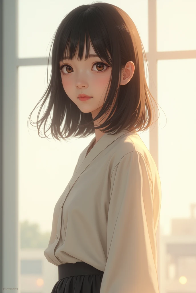 (Raw photo, Best Quality), (Realistic, Photorealsitic:1.3), masterpiece, 1 girl, extremely delicate and beautiful girl, standing quietly, Soft light, back light, (Brown hair, Shoulder-length straight hair swaying in the wind), Bangs, Beautiful detailed girl, close mouth, smiling, (Detailed fingers), correct anatomy, extremely detailed eyes and face, beautiful detailed nose, Beautiful detailed eyes, Japanese, Neat and clean beauty, Silk shirt, Skirt, (Half body:1.3), Realistic face, Realistic body,