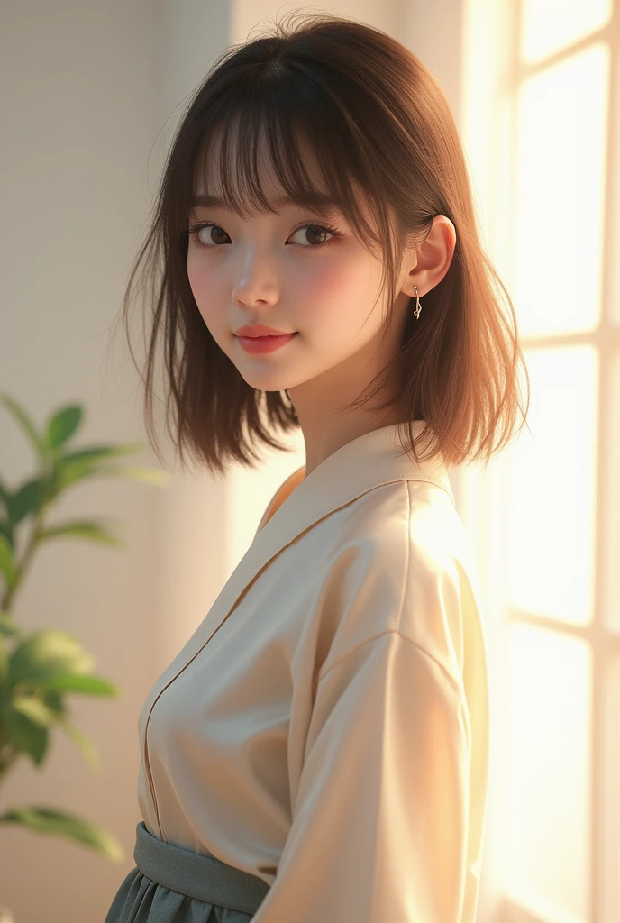 (Raw photo, Best Quality), (Realistic, Photorealsitic:1.3), masterpiece, 1 girl, extremely delicate and beautiful girl, standing quietly, Soft light, back light, (Brown hair, Shoulder-length straight hair swaying in the wind), Bangs, Beautiful detailed girl, close mouth, smiling, (Detailed fingers), correct anatomy, extremely detailed eyes and face, beautiful detailed nose, Beautiful detailed eyes, Japanese, Neat and clean beauty, Silk shirt, Skirt, (Half body:1.3), Realistic face, Realistic body,