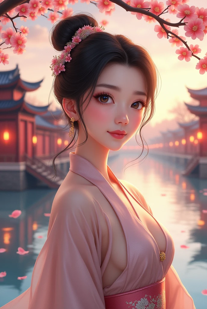 ( High resolution、 masterpiece、Highest quality、8k)、Tang Dynasty Buildings、Tang Dynasty China、Tang Dynasty China、(A young and extremely beautiful woman)、Pink and light colored Hanfu、(whole body)、Brown and black round bun hairstyle、Smiling Eyes、Holding、Cute gestures、Fingers on the chin、background、Tang Dynasty Buildings、Chang&#39;an city in the Tang Dynasty、Plum blossom、river view、Riverside city lights、Lantern Light、A complete portrayal、Detailed anime art、Detailed CG、