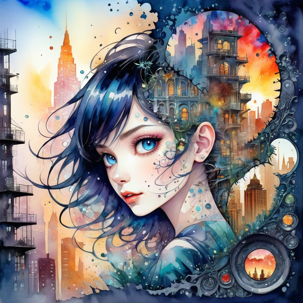 a watercolor extravaganza in the artistic style of Timothy Parker and Yuumei with elements of zentangle dark botanical pattern, double exposure, optical illusion in the form of a hole with burnt, jagged, cracked edges, funny crazy girl peeks out against bizarre metropolis backdrop, rhinestones, glitter, pearl powder, Digital Processing., Bright, memorable, unusual