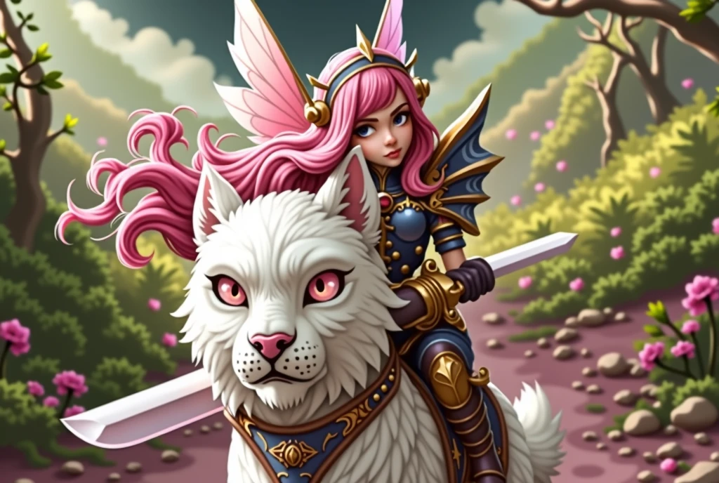 A pink-haired fairy with moth wings and a sharp sword., Riding a white lynx with pink eyes and a sharp nose on a battlefield in a valley of his own, with a pink sky background with a sharp touch, defined border. High Definition, 8k, ultrarealistic, hyperdetailed, hyperquality, bright lighting, despondent. detailed marking