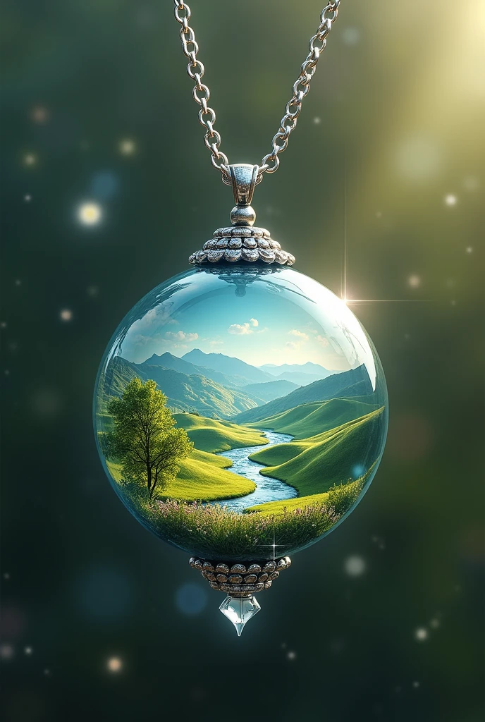 draw a necklace alone, Shape of the sphere, silver metal chain, crystalline, with a landscape inside