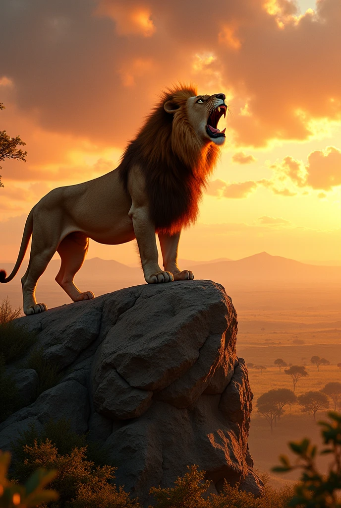 take a photo with a view from the movie the lion king, include a lion on a rock as if roaring, the photo is made sideways