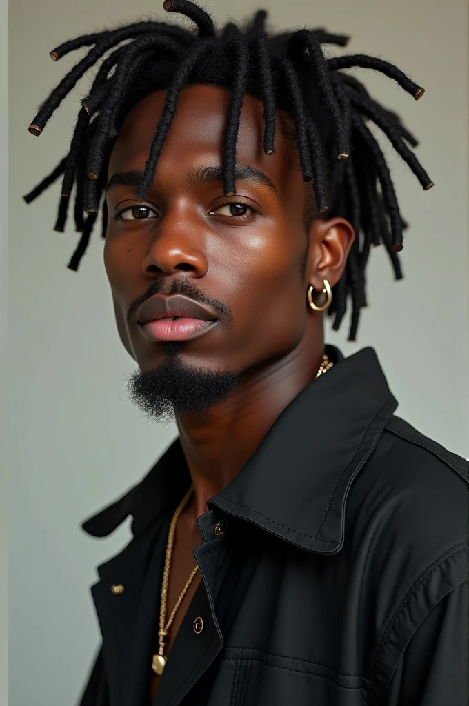 Light-skinned Black man, very pretty short dreadlocks hair. defined lean body, stylish rocker clothes. 