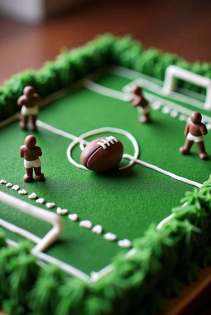 A chocolate cake in the shape of a football field, covered with green icing that simulates grass. on, Small chocolate or fondant figures are placed in the shape of players and a ball.
