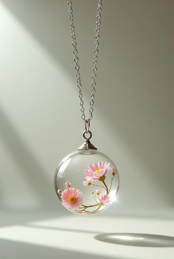 draw a necklace alone, Shape of the sphere, silver metal chain, crystalline, with flowers inside