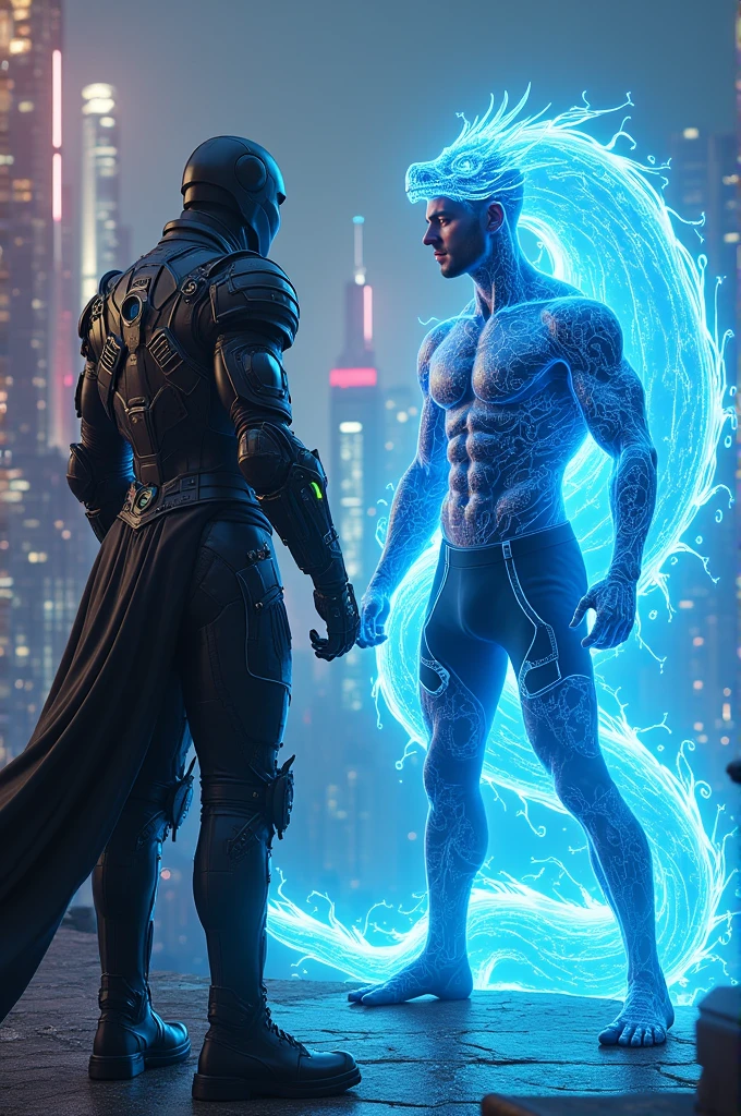 Cyber knight duels with a handsome man who has a blue dragon spirit and has glowing blue tattoos all over his body.