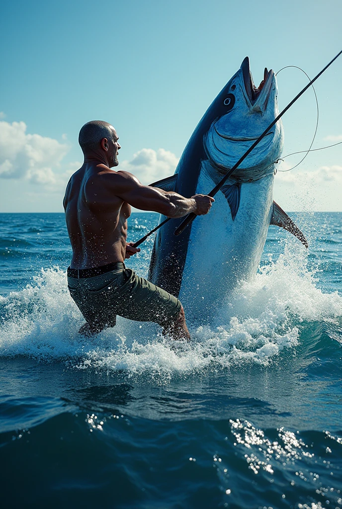 A dynamic scene of a fisherman battling a massive tuna on the open ocean, the sun glinting off the water as the powerful fish leaps from the waves, tension evident in the taut fishing line. The fisherman, muscles straining, leans back against the force of the fish, with the vast, deep blue sea stretching out to the horizon, creating a sense of intensity and excitement.