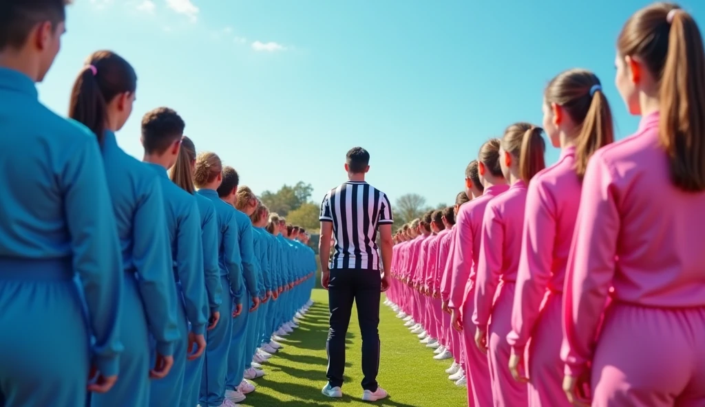 "A lively scene featuring a competition between two large groups of participants dressed in distinct colors. On the left, a crowd of people wearing blue tracksuits are positioned in rows, ready for action. On the right, another group dressed in pink tracksuits mirrors their stance, suggesting a head-to-head challenge. At the center of the image, a referee-like figure with a wide smile, dressed in black and white striped attire, stands prominently in the foreground. The backdrop shows a clear sky over an outdoor grassy field, with the entire composition giving a playful and energetic vibe, resembling a large-scale game show or competition."