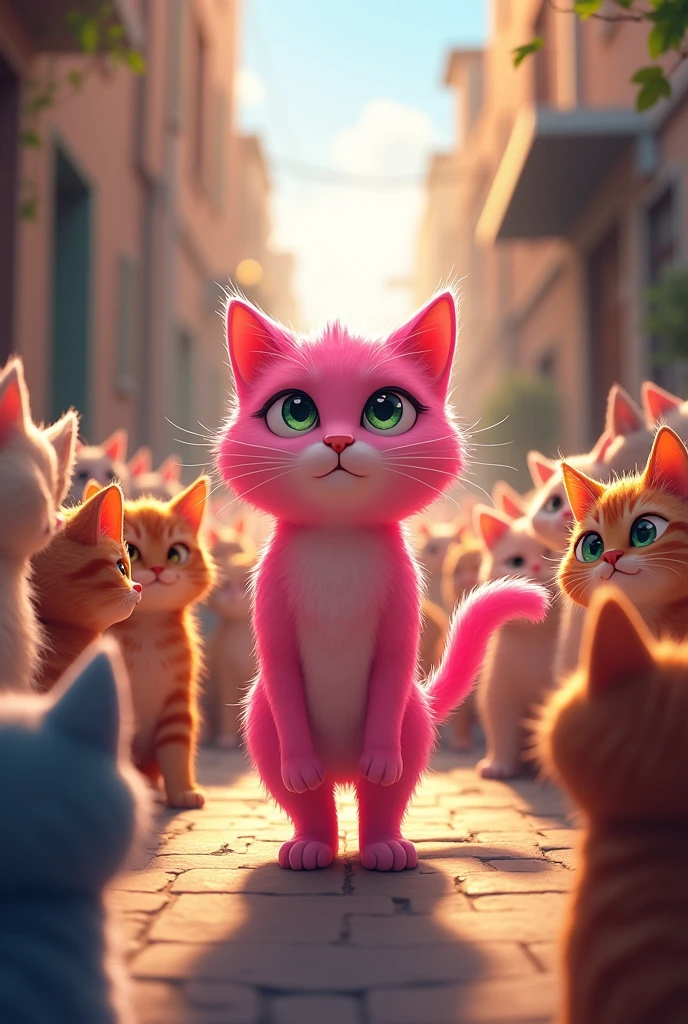 A Hero’s Welcome, As the pink kitten returns to the alley where she was born, the other cats and kittens gather around her. They are amazed by her stories of adventure and bravery. The once-small kitten is now a symbol of strength and resilience, her pink fur shining brightly in the sunlight as she is welcomed back as a hero.