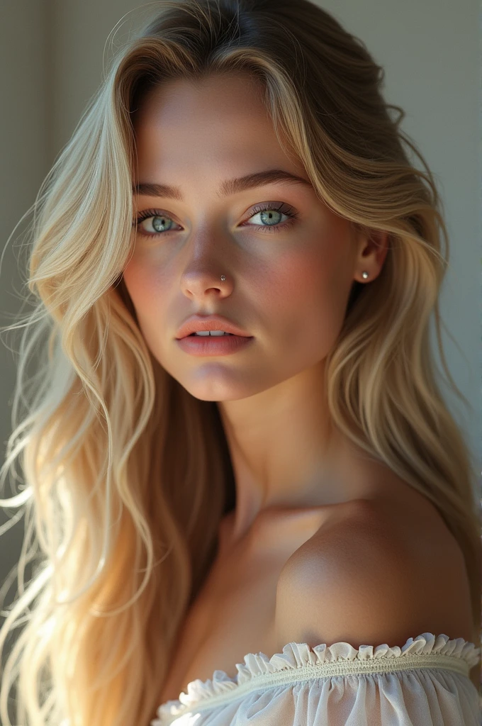a 19 year old blonde girl with blue eyes, beautiful, realistic