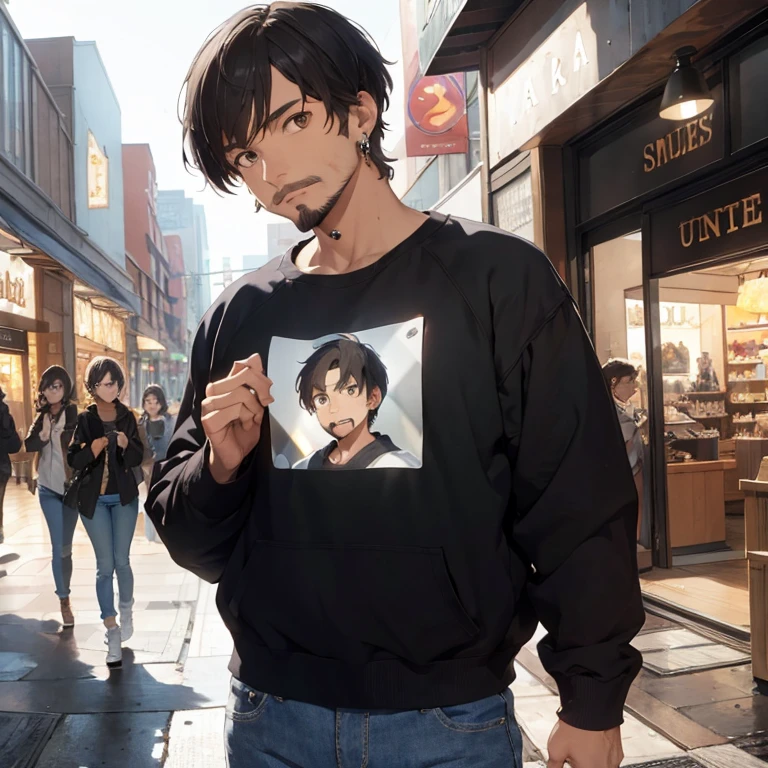 1 male, manly body, facial hair, short hair, sweatshirt, jean, earrings, mall