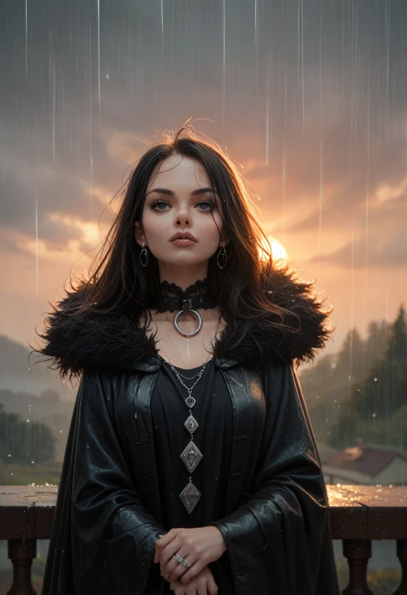 Don't Starve style, masterpiece, best quality, ultra-detailed, illustration, 1girl, black long hair, guant breast, black mantle, fluffy collar, sunset, rain